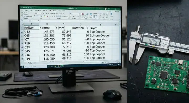 Computer monitor displaying the required X, Y, and rotation data spreadsheet for a centroid file PCB assembly