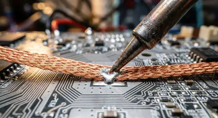 Correct 45 degree angle soldering iron technique using desoldering braid on a circuit board cleanup