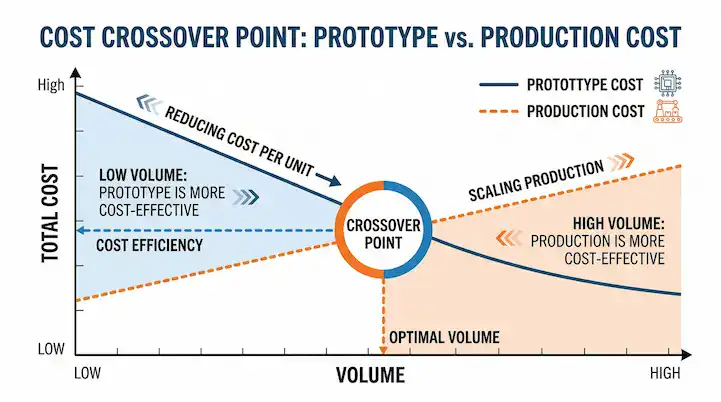 Cost crossover chart explaining when to switch from a PCB prototype to a production order based on NRE setup fees and volume savings