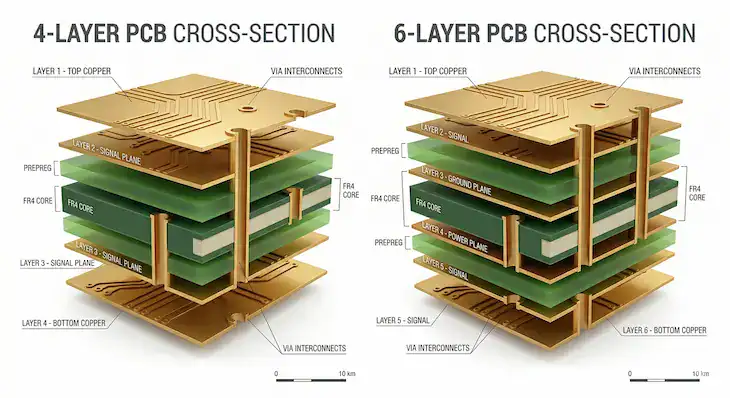 Cross section diagram illustrating the core structural differences between standard 4 layer and 6 layer PCB stackups