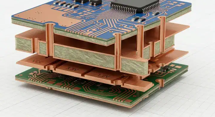 Cross section of a 4 layer PCB stackup showing a dedicated solid ground plane compared to a 2 layer PCB copper pour cleanup