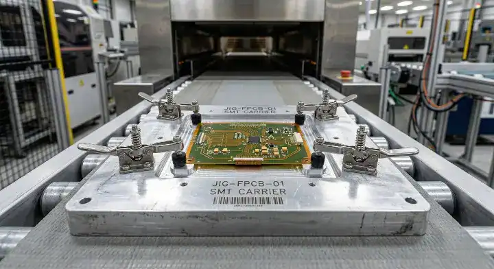Custom aluminum SMT carrier jig holding a flexible PCB flat during the PCBA reflow process to prevent material warping cleanup