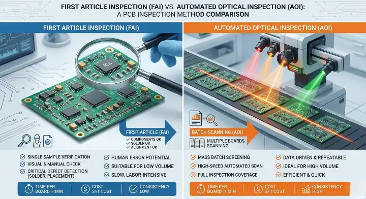 Decision matrix chart comparing when to use first article inspection vs full batch AOI for prototype and production orders cleanup