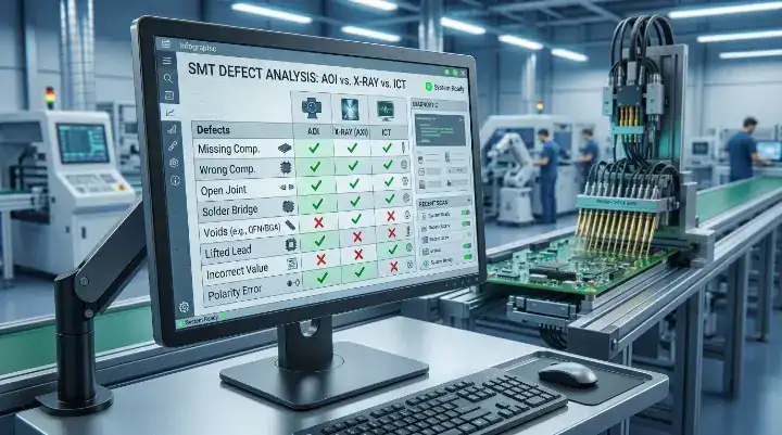 Defect coverage matrix chart comparing AOI, X Ray, and ICT testing for PCB assembly on a factory monitor cleanup