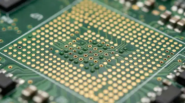 Dense BGA routing area showing the physical clearance constraints that force the decision between PCB via tenting vs plugging cleanup