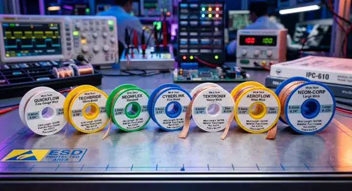 Different widths of solder wick spools with color coded bobbins for rosin and no clean flux PCB rework cleanup