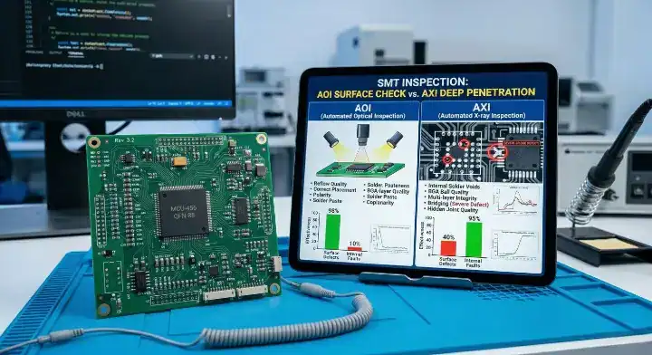 Digital tablet displaying an infographic chart comparing surface AOI versus deep X ray inspection PCB assembly capabilities