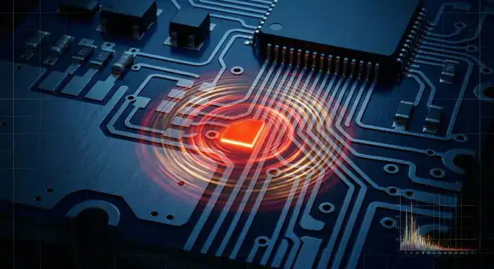 EMI radiation visualization showing how a floating isolated PCB copper pour island acts as an antenna cleanup