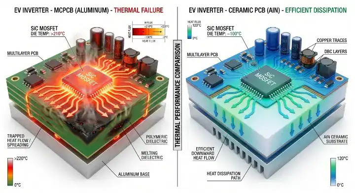 EV inverter PCB Thermal simulation comparison showing an overheated polymer MCPCB versus a cool ceramic substrate under 175°C SiC load cleanup