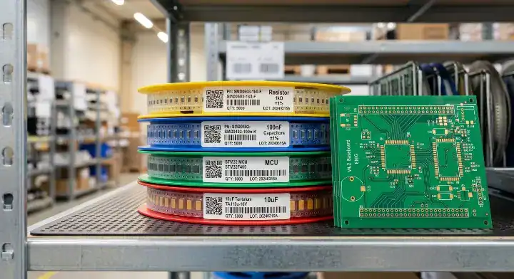Electronic components on SMT reels gathered during the parallel procurement phase of the PCB assembly order process cleanup