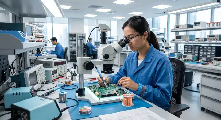 Electronic engineer using bright copper solder wick to clean a PCB pad under an industrial microscope cleanup