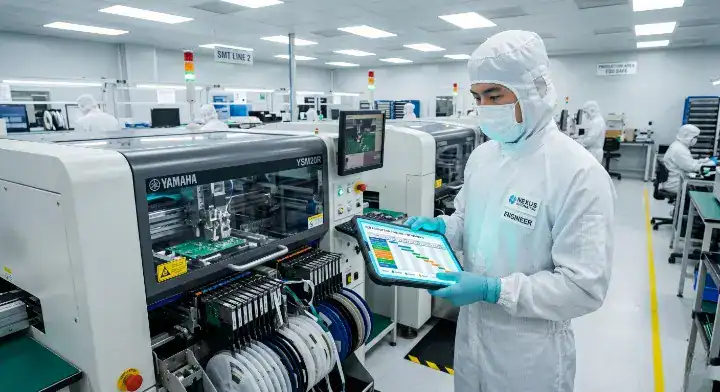 Electronics engineer checking PCB assembly lead time schedule next to an active SMT machine cleanup