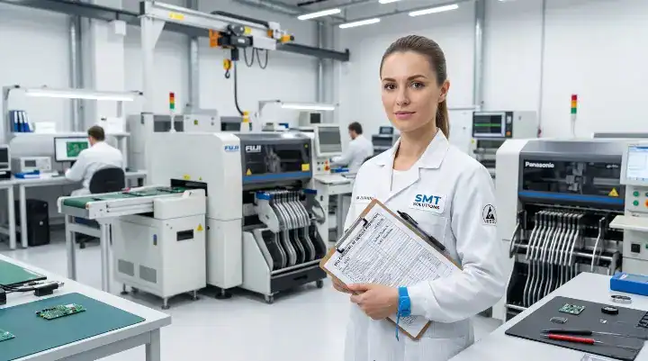 Electronics manufacturing engineer reviewing an RFQ for PCB assembly in a modern SMT factory cleanup