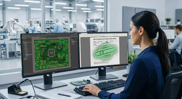 Engineer approving the final DFM report to officially start the PCB assembly order process lead time cleanup