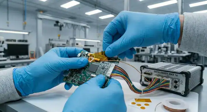 Engineer attaching K type thermocouples and a data logger to a mixed component PCBA for thermal profiling cleanup