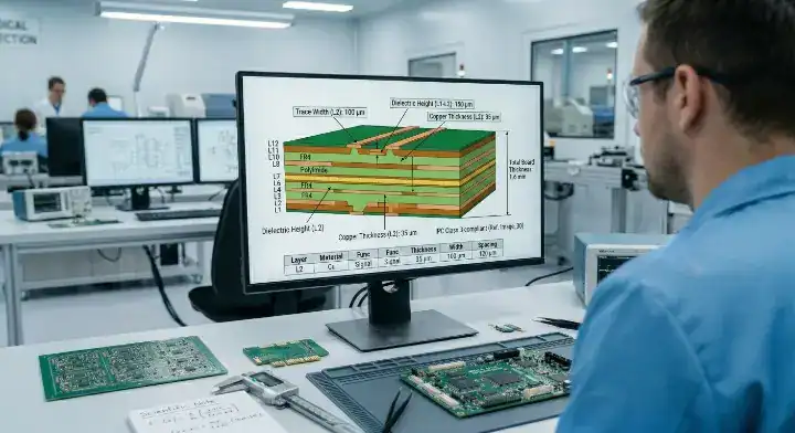 Engineer designing controlled impedance PCB stackup geometry and dielectric height on a dual monitor setup