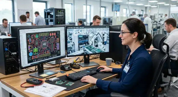 Engineer evaluating PCB assembly quality remotely via live factory video feed and 3D data cleanup