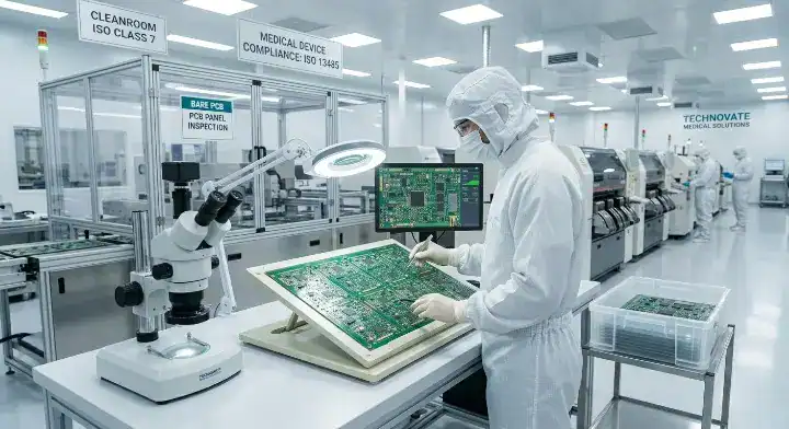 Engineer in a sterile cleanroom performing ISO 13485 quality inspection on medical grade bare PCBs