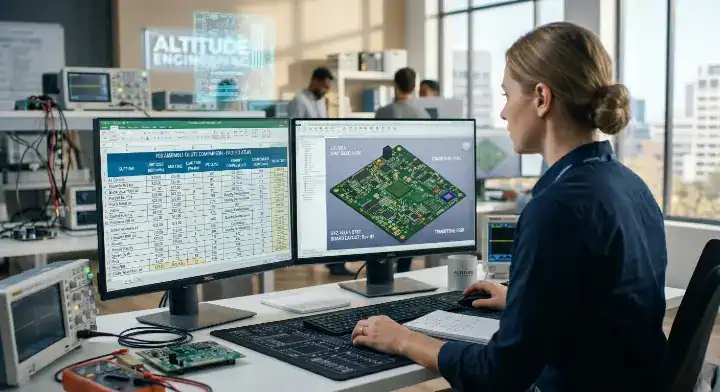 Engineer reviewing BOM and 3D CAD data files during the NPI PCB assembly readiness check cleanup