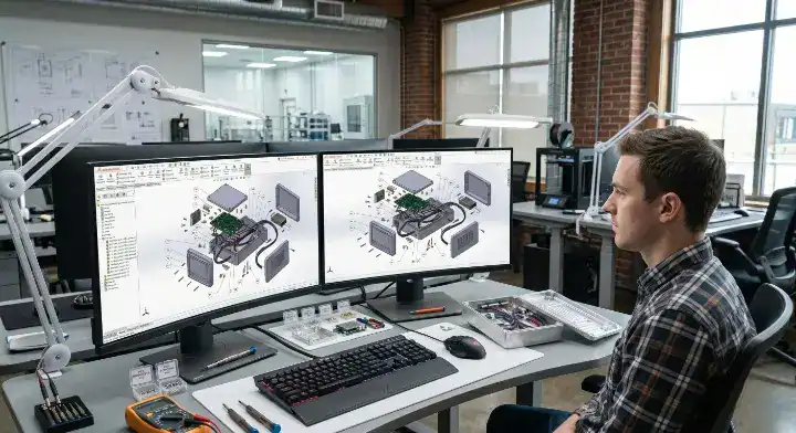 Engineer reviewing a 3D assembly drawing and documentation for a box build assembly project cleanup