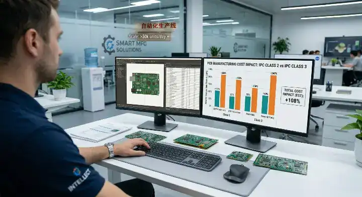 Engineer reviewing cost impact charts for IPC Class 2 and Class 3 PCB fabrication tolerances