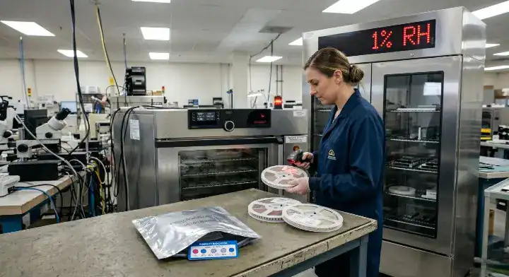 Engineer scanning PCB components next to an ultra low humidity dry cabinet for strict MSL tracking cleanup