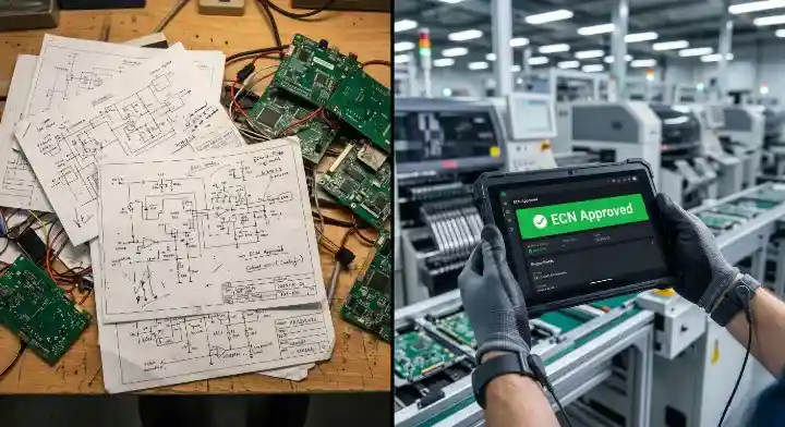 Engineer using a digital engineering change notice PCB workflow on a tablet to prevent scrapped boards on the SMT assembly line cleanup