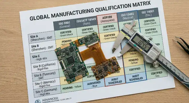 Engineering desk showing a factory qualification matrix for industry specific PCB certifications like IPC Class 3 and AS9100