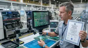 Engineering manager verifying PCB quality under a microscope in an ISO 9001 certified manufacturing facility