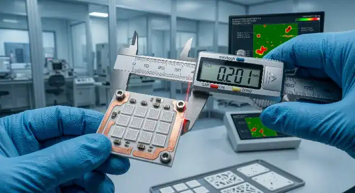 Evaluate ceramic PCB manufacturer An engineer precisely measuring trace to edge spacing on a prototype ceramic board cleanup