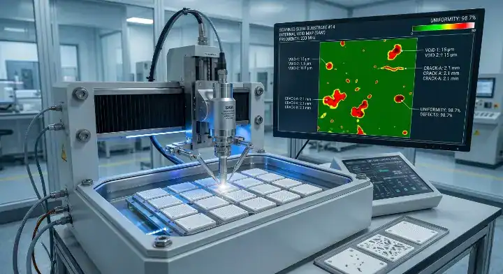 Evaluate ceramic PCB manufacturer Scanning Acoustic Microscopy (SAM) equipment detecting internal voids in raw ceramic substrates cleanup