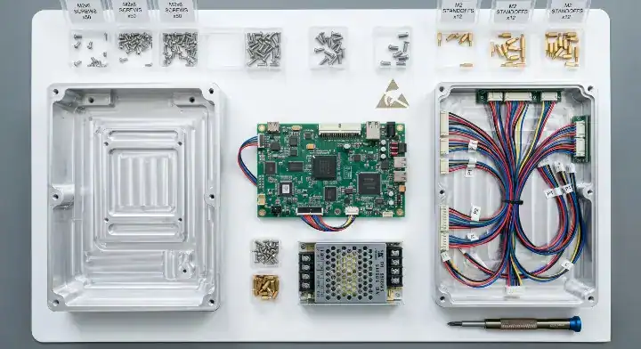 Exploded view of box build assembly components including PCBA, wire harnesses, enclosure, and screws cleanup