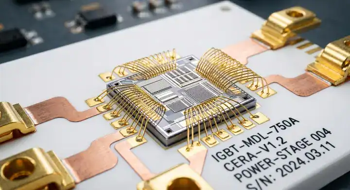 Extreme macro view of a bare silicon chip wire bonded directly to a white ceramic PCB substrate for high power IGBT applications cleanup
