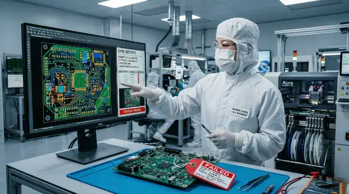 Factory engineer reviewing DFM Gerber files to prevent fatal defects during the PCB prototype to mass production transition
