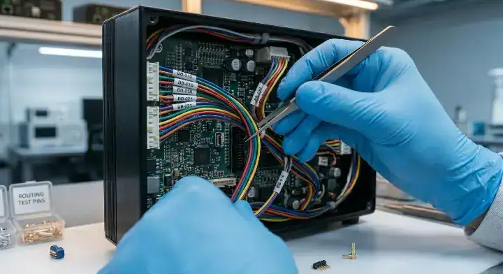 Factory technician meticulously routing complex wire harnesses during manual box build assembly cleanup