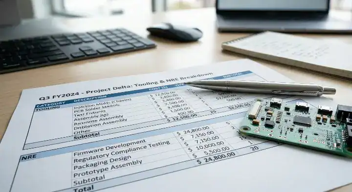 Financial spreadsheet showing NRE setup fees and tooling costs for transferring PCB assembly to a new manufacturer