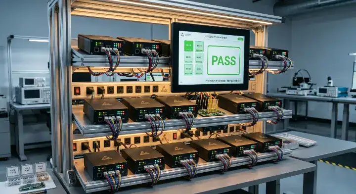 Finished box build assembly units undergoing thermal burn in and functional testing on factory racks cleanup