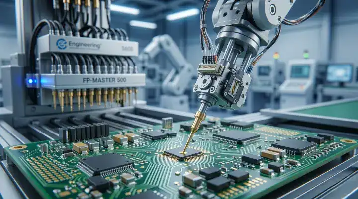Flying probe tester arm inspecting a PCB, comparing setup costs and efficiency with traditional ICT fixtures cleanup