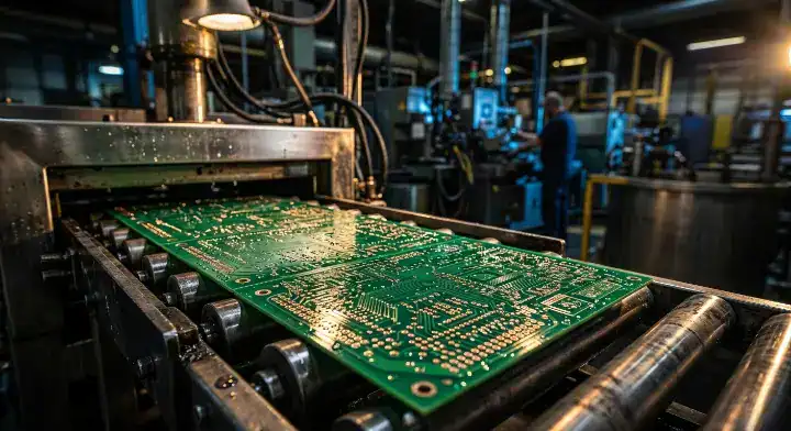 Freshly fabricated bare PCB with shiny copper vias meeting IPC 6012 standards cleanup