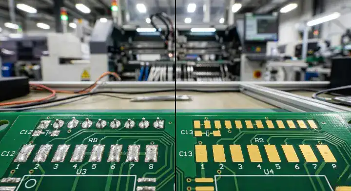 HASL vs ENIG PCB surface finish comparison showing uneven tin pads versus flat gold pads on a factory floor cleanup