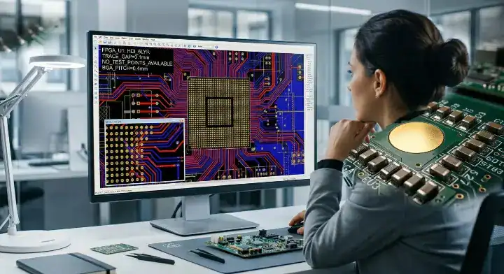 Hardware engineer analyzing a dense HDI layout where BGA pitch restrictions force alternative PCB design for test strategies like JTAG cleanup
