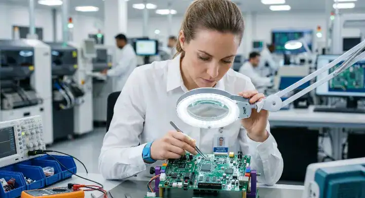 Hardware engineer carefully inspecting a complex circuit board with a magnifying lamp to reduce PCB assembly rework and ensure high quality cleanup