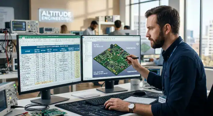Hardware engineer comparing multiple PCB assembly quotes on dual monitors to avoid hidden costs cleanup