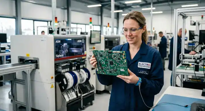 Hardware engineer holding a PCBA board in a modern SMT manufacturing facility after a successful transfer to a new PCB assembly manufacturer