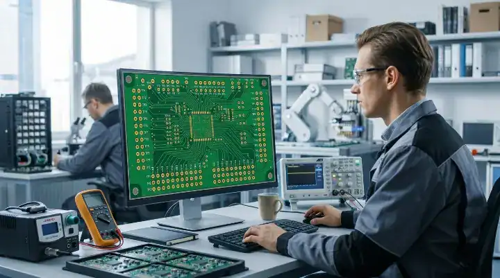 Hardware engineer optimizing PCB layout with test points for better ICT and flying probe inspection coverage cleanup