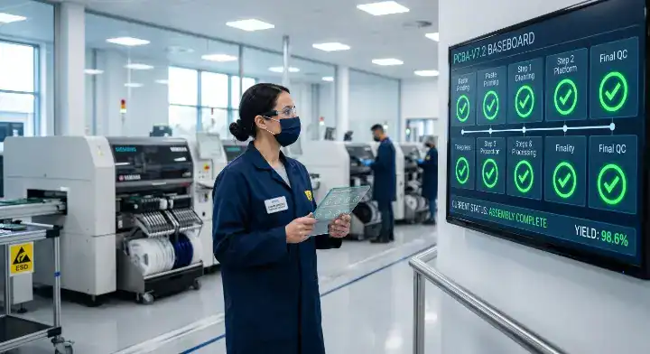 Hardware engineer tracking the 12 step PCB assembly order process timeline on a modern digital dashboard. cleanup