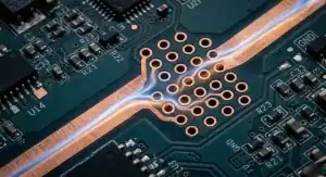 High current PCB design macro view showing thick copper traces and multiple parallel vias handling power distribution. cleanup