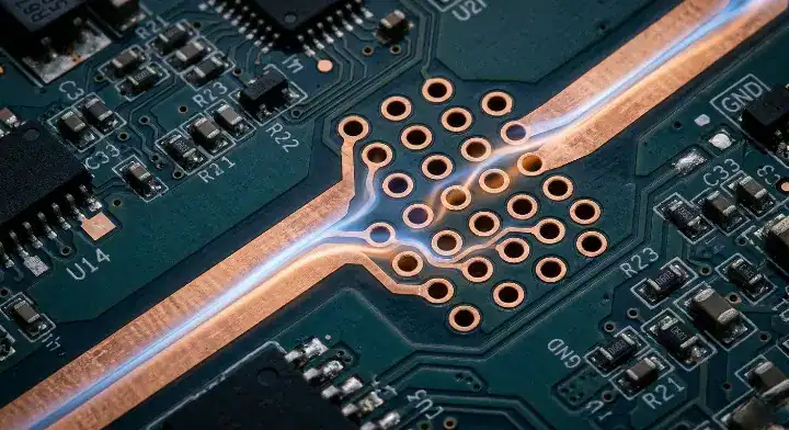 High current PCB design macro view showing thick copper traces and multiple parallel vias handling power distribution. cleanup