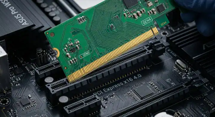 High reliability PCB gold fingers being inserted into a computer motherboard PCIe slot cleanup