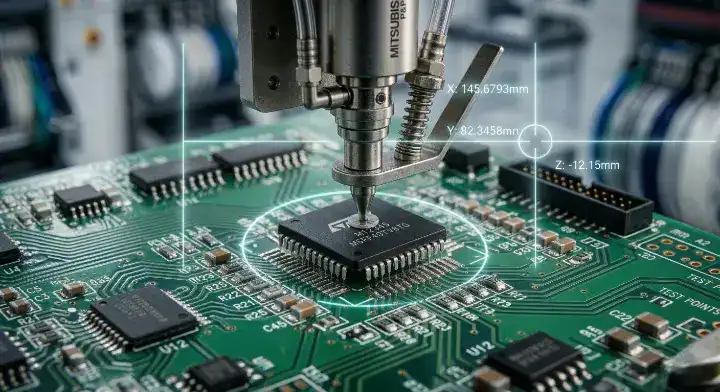 High speed SMT machine nozzle precisely placing an IC on a green board, guided by a centroid file PCB assembly